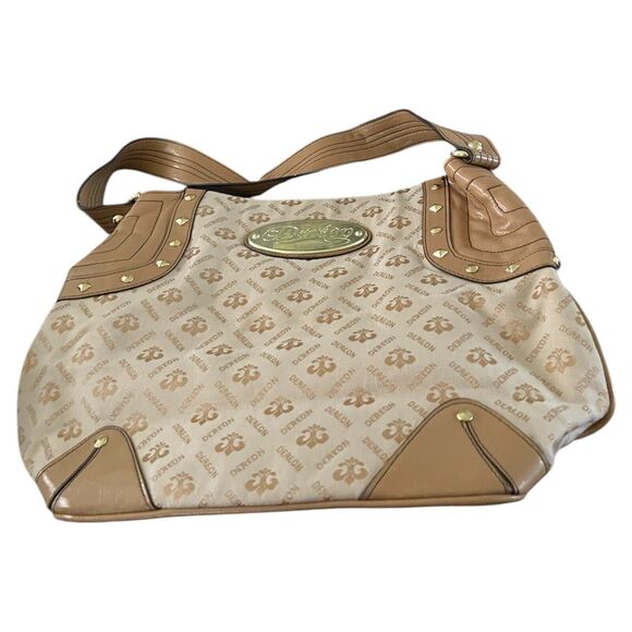 Vintage Women's Dereon Handbag Fleur-de-lis Pattern Tan Shoulder Purse Y2K - Picture 1 of 7